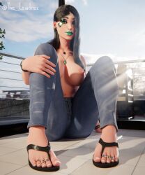 3d alternate_version_available ark_(fortnite) balcony big_breasts black_hair blender blue_nail_polish blue_nails bottomwear breasts clothed clothing d'ark_(fortnite) detailed_background ear_piercing earrings epic_games feet female female_focus female_only fortnite green_lipstick green_makeup half-dressed half_naked highres jeans lewdrex lipstick long_hair looking_at_viewer makeup nose_piercing nude nude_female on_floor peants piercing piercings presenting presenting_breasts sandals shadow shoes sitting solo solo_focus spread_legs sun sunlight sunrays thick_thighs topless watermark