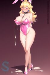 ahe_gao ai_generated arms_behind_back blonde_hair blue_eyes bunny_ears bunnysuit chains choker crown cum cum_inside flushed heart high_heels legs mario_(series) open_mouth pink_clothing princess_peach sharkym3n