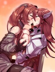 2girls absurdres armor asymmetrical_docking belt breast_press breasts breasts_out chair commission cordelia_(fire_emblem) daughter detached_sleeves drooling female female_only fire_emblem fire_emblem_awakening gloves groping hair_between_eyes hair_ornament highres incest kiss kissing large_breasts long_hair looking_at_another milf mother mother_and_daughter multiple_girls nintendo pantyhose partially_undressed red_body red_eyes red_hair saliva saliva_trail severa_(fire_emblem) shoulder_armor simple_background sitting sitting_on_lap skeb_commission thighs tsuki_wani tukiwani twintails wing_hair_ornament yuri