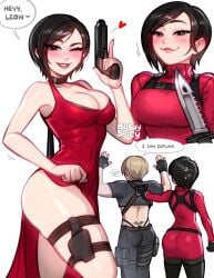 1boy 1girls ada_wong ada_wong_(adriana) amogus amogus_reference among_us among_us_reference asian_female biohazard black_hair blonde_hair blush blushypixy blushyspicy bra_peek brown_eyes capcom chinese_female choker cleavage collar cowboy_shot dialogue dress english english_text female_focus form_fitting gun harness high_slit_dress i_love_you implied_male implied_motion knife leg_holster leon_scott_kennedy light-skinned_male lipstick looking_at_viewer lower_back_tattoo medium_breasts meme motion_lines one_eye_closed pixie_cut red_dress red_sweater resident_evil resident_evil_4 resident_evil_4_remake ruined_reputation seductive seductive_look short_hair slight_blush speech speech_bubble spoken_heart sweat sweater sweater_dress talking talking_to_viewer tattoo text text_bubble thigh_boots thighhigh_boots thong tight_clothing tramp_stamp turtleneck turtleneck_sweater watermark white_background white_male_asian_female wink