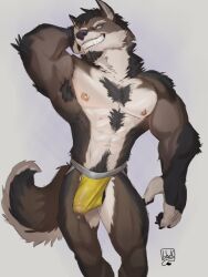 abs anthro armpit_hair armpit_tuft balls balls_outline black_body black_claws black_fur black_hair black_nose black_pawpads blue_eyes bodily_fluids body_hair brown_body brown_fur bulge canid canine canis chest_hair chest_tuft chin_tuft claws clothed clothing dipstick_tail dripping erection erection_under_clothing eyebrows facial_hair facial_tuft fur genital_fluids genital_outline genitals goatee hair happy_trail hi_res jockstrap jockstrap_only leaking_precum lion21 male male_only mammal markings mexican_wolf muscular muscular_anthro muscular_male neck_tuft nipples pawpads pecs penis_outline precum precum_drip precum_through_clothing pubes sade_(canonical) solo solo_focus tail tail_markings tenting thick_eyebrows topless tuft underwear underwear_only wet wet_clothing white_body white_fur wolf yellow_clothing