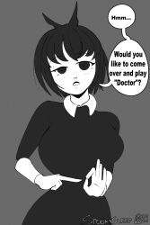 black_dress black_eyes black_hair breasts creepy_susie goth goth_girl gothic gothic_girl huge_breasts large_breasts pale-skinned_female pale_skin shirt spookysleep suggestive_pose white_shirt