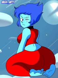 ass blue_body blue_eyes blue_hair blue_nails blue_skin huge_ass lapis_lazuli_(steven_universe) large_ass looking_at_viewer looking_back navel necklace one_eye_closed pants red_pants red_topwear scar steven_universe topwear vash_art wide_hips