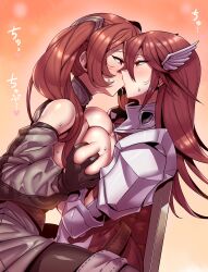 2girls absurdres armor asymmetrical_docking belt breast_press breasts breasts_out chair commission cordelia_(fire_emblem) daughter detached_sleeves drooling female female_only fire_emblem fire_emblem_awakening gloves groping hair_between_eyes hair_ornament highres incest kiss kissing large_breasts long_hair looking_at_another milf mother mother_and_daughter multiple_girls nintendo orange_background pantyhose partially_undressed red_body red_eyes red_hair saliva saliva_trail severa_(fire_emblem) shoulder_armor simple_background sitting sitting_on_lap skeb_commission sound_effects thighs tsuki_wani tukiwani twintails wing_hair_ornament yuri