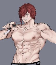 abs big_pecs facial_tattoo hair_over_one_eye katahara_retsudo kengan_(series) kengan_ashura knife laksi_kaaaaa male male_only muscular muscular_male pecs red_eyes red_hair single_braid smile solo tattoo topless topless_male weapon