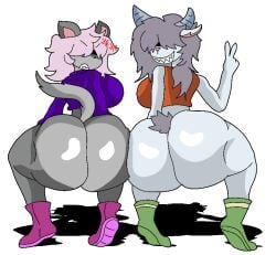 2girls anthro anthro_only domestic_cat domestic_goat feline furry furu_flami goat gray_fur huge_ass huge_breasts no_panties no_pants only_female tail twerkoff white_background white_fur