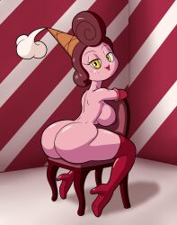 1girls alternate_version_available ass baroness_von_bon_bon big_ass big_breasts big_butt brown_hair bubble_ass bubble_butt cuphead_(game) fat_ass female female_focus female_only humanoid looking_at_viewer pink_body pink_skin sitting sitting_on_chair tansau the_cuphead_show thick_thighs yellow_eyes