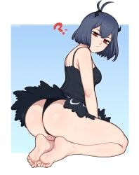 afrobull ass bare_legs barefoot black_clover black_panties blue_hair clothed clothing confused confusion eyebrows_visible_through_hair feet horn horns nose oblivious panties question_mark red_eyes secre_swallowtail short_hair soles thighs toes