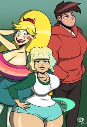 2girls1boy april_fools artist_signature blonde_hair buff cleavage clothed frostbiteboi gigantic_breasts heart_cheeks huge_breasts jackie_lynn_thomas marco_diaz necklace scar serious_look skateboard star_butterfly star_vs_the_forces_of_evil streaked_hair wide_hips