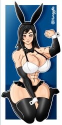 abs black_hair blush brown_eyes bunny_ears final_fantasy final_fantasy_vii final_fantasy_vii_remake flexing heart-shaped_pupils huge_breasts hungy long_hair long_sleeves muscular_female thighhighs tifa_lockhart