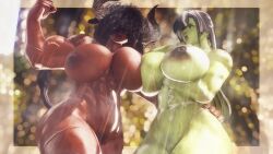 2girls 3d afro breast_squish dark-skinned_female dark_skin female final_fantasy final_fantasy_xiv flexing gpose(ffxiv) green_skin hair_covering_eyes hand_on_hip horns minotaur minotaur_female muscular_female nose_ring orc orc_female pubic_hair pubic_stubble shower sweat tusks xivvanta