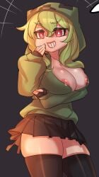 1girls cleavage creeper creeper-chan creeper_girl female female_only gloves green_hair legwear merryweather minecraft mob_talker nipple_slip nipples nipples_visible_through_clothing red_eyes skirt tagme