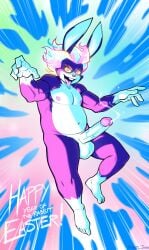 2023 absurd_res anthro balls big_balls big_penis bodily_fluids cum easter english_text erection fur genital_fluids genitals glowing glowing_eyes hi_res holidays lagomorph lapinbeau leporid male mammal muscular muscular_anthro muscular_male overweight overweight_anthro overweight_male penis purple_body purple_fur rabbit saliva signature solo strongfat super_saiyan_hair text tongue tongue_out