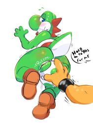 ambiguous_gender anthro ass blush bodily_fluids bowser bracelet clothing disembodied_hand duo egg egg_insertion footwear green_body jewelry koopa male_only mario_(series) nintendo rear_view scalie shoes simple_background tongue tongue_out white_background xxbrewbeastxx yoshi yoshi_egg