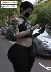 1boy 1femboy 3d big_butt cyborg dat_ass face_mask femboy feminine_male girly goth male male_only on_phone original_character otoko_no_ko prosthetic_arm solo spiked_collar tagme tattoo toni_(tonices) tonices trap