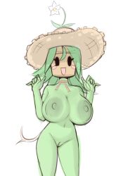 :d areola big_breasts black_eyes blaster_master blush breasts clothing elemental_creature elemental_humanoid female flora_fauna flower for_a_head genitals green_body green_hair hair hat headgear headwear hi_res huge_breasts humanoid kanna_(blaster_master) looking_at_viewer mob_face mostly_nude nipples object_head open_mouth plant plant_humanoid plantie plantpenetrator pussy simple_background smile solo standing straw_hat tail thick_thighs wide_hips