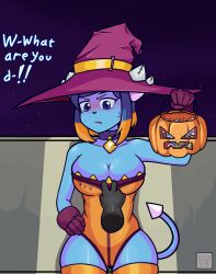 1girls 5_fingers artist_logo background blue_body blue_eyes blush boobs breasts candy clothed clubette ehtma_reiner english_text female fingers geometry_dash gloves hair halloween halloween_costume hand_on_clothing hat holding_object holding_pumpkin looking_at_hand multicolored_hair night pumpkin shy sweat tail text thighs wall wall_(structure) witch_hat