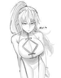 big_breasts china_dress chinese_clothes cleavage cleavage_cutout eeyah_r18 expressionless fei_wangfang female female_only genderswap_(mtf) high-angle_view kengan_(series) kengan_omega long_hair looking_at_viewer monochrome ponytail rule_63 sketch solo