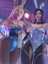 1girls 3d 9_tails ahri black_hair blonde_hair blue_eyes breasts breasts_out bunny_ears bunnysuit clothed clothing exposed_breasts female female_only k/da_all_out_ahri k/da_all_out_series kai'sa league_of_legends light-skinned_female light_skin nine_tailed_fox nipples pantyhose purple_eyes riot_games that_maskey vastaya