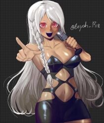 big_breasts black_dress cleavage eeyah_r18 female female_only katahara_sayaka kengan_(series) kengan_ashura long_hair looking_at_viewer microphone open_mouth pink_eyes revealing_clothes shiny_skin short_dress single_braid smile solo tan_skin tight_clothing white_hair