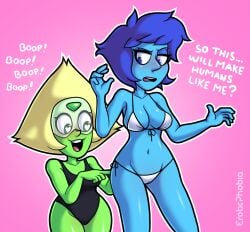 <3_eyes 2girls annoyed annoyed_expression annoyed_face bikini blue_body blue_eyes blue_hair blue_skin breasts clothed clothing duo english_text eroticphobia female female_only gem_(species) green_body green_skin heart-shaped_pupils lapis_lazuli_(steven_universe) multiple_girls navel one-piece_swimsuit peridot_(steven_universe) pink_background side-tie_bikini simple_background smile steven_universe text white_bikini yuri