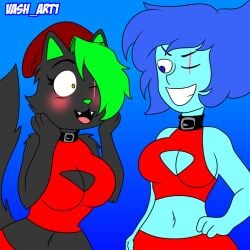 blue_body blue_eyes blue_hair blue_skin boob_window breasts furry fursona lapis_lazuli_(steven_universe) large_breasts navel necklace one_eye_closed original_character pants red_pants red_topwear scar scratchy_(vash_art) smile smiling steven_universe topwear vash_art wide_hips