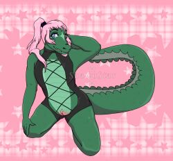 alligator alligatorid andromorph anthro blue_eyes blush brown_eyes claws clothed clothing crocodilian cuntboy digital_media_(artwork) genitals green_body hair heterochromia hi_res intersex long_hair looking_at_viewer nude pink_background pink_hair ponytail pussy reptile scalie shawnstar simple_background smile solo solo_focus tail teeth