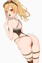 1girls artist_name ass azur_lane beijuu blonde_hair cowboy_shot embarrassed female from_behind goggles goggles_on_head highleg highleg_swimsuit highres leonardo_da_vinci_(azur_lane) light-skinned_female light_skin long_hair red_eyes sardegna_empire_(azur_lane) sweat swimsuit thigh_strap thighhighs twintails white_background