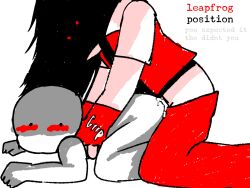 1boy 1girls ass black_hair blush blush_lines chest_grab clothing creepypasta cum cum_in_ass friday_night_funkin gloves gripping hips hypnos_lullaby kuuderealt leapfrog_position long_hair looking_at_another looking_back looking_down oh_shit_oh_fuck red_eyes rough_sex serious serious_look simple_background simple_coloring simple_shading smaller_female steven_(strangled_red) torso_grab