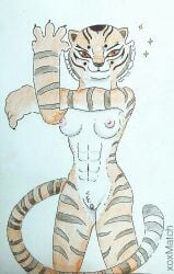 2023 anthro breasts claws dreamworks felid female fur genitals kung_fu_panda mammal master_tigress medium_breasts multicolored_body muscular nude orange_body orange_fur pantherine pose pussy red_eyes signature simple_background smile solo stretching striped_body stripes tail tiger traditional_media_(artwork) two_tone_body xoxmatch_(artist)