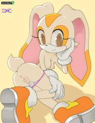 1girls anthro anus cream_the_rabbit exposed_ass exposed_pussy greenhand looking_at_viewer looking_back panties posing presenting_hindquarters pussy rear_view small_breasts sonic_(series) tagme upscaled