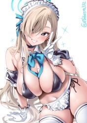 arm_support asuna_(blue_archive) asymmetrical_bangs bikini black_bikini black_choker black_sleeves blue_archive blue_bow blue_bowtie blue_eyes blue_ribbon bow bowtie breasts choker cleavage commentary_request detached_collar detached_sleeves ebifurya female gloves grin hair_ribbon halo hand_up highres large_breasts light_brown_hair long_hair looking_at_viewer maid_bikini maid_headdress mole mole_on_breast navel ribbon side-tie_bikini_bottom sitting smile solo string_bikini swimsuit thighhighs twitter_username v very_long_hair white_background white_gloves white_thighhighs