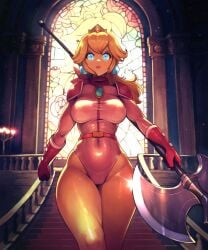 1girls babus_games blonde_female blonde_hair blue_eyes breasts child_bearing_hips curvy female female_only holding_weapon indoors large_breasts leotard light-skinned_female light_skin mario_(series) nintendo princess_peach serious solo stairs standing super_mario_bros. super_mario_bros._(2023_film) thick_thighs thighs voluptuous voluptuous_female weapon wide_hips