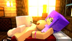 2girls 3d alley_(r1n42113) bed bedroom horny_female legna_deth licking_pussy looking_at_partner mine-imator minecraft multicolored_hair nude_female on_bed oral outside pink_eyes purple_hair r1n42113 smile sunset tagme yuri