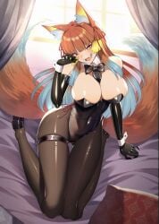 1girls amber_eyes bunnysuit cluseller female female_focus female_only fox fox_ears fox_girl fox_tail huge_breasts kitsune long_hair long_legs looking_at_viewer multicolored_hair original original_character sharp_teeth smug smug_face smug_grin solo stockings