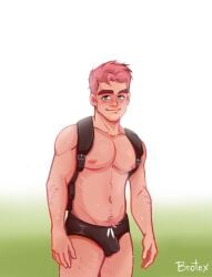 1boy backsack blue_eyes brotex looking_at_viewer male male_only pecs pink_hair smile stubble sweat treasure_trail underwear