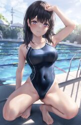 arm_up bare_arms bare_shoulders barefoot black_hair black_one-piece_swimsuit blush breasts chair closed_mouth collarbone competition_swimsuit covered_navel feet female full_body highres large_breasts looking_at_viewer medium_hair mhru one-piece_swimsuit original outdoors pool purple_eyes smile solo squatting swimsuit thighs toes water