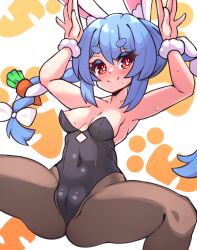 1girls 2023 bebatch blue_hair blush braided_twintails bunny_ears bunny_girl bunny_pose bunnysuit cameltoe carrot carrot_hair_ornament female female_only hololive hololive_fantasy hololive_japan long_hair looking_at_viewer nipple_peek pantyhose red_eyes smiling smiling_at_viewer solo squatting sweat symbol-shaped_pupils twintails usada_pekora very_high_resolution virtual_youtuber vtuber wrist_cuffs