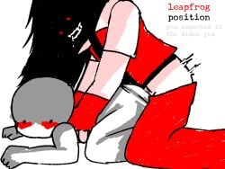 1boy 1girls ass black_hair blush blush_lines canines chest_grab clothing creepypasta friday_night_funkin gloves hips hypnos_lullaby kuuderealt leapfrog_position long_hair looking_at_another red_eyes rough_sex saliva_trail simple_background simple_coloring simple_shading smaller_female steven_(strangled_red) thrusting thrusting_into_ass torso_grab