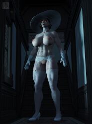 3d alcina_dimitrescu big_breasts capcom garter_belt garter_straps hat heels lingerie mature_female milf pale-skinned_female pale_skin pussy resident_evil resident_evil_8:_village sandreiio stockings thick_thighs vagina white_lingerie wide_hips yellow_eyes