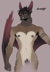 anthro armpit_hair bat body_hair brandyn ear_piercing facial_piercing fangs flaccid genitals hi_res jessimutt lip_piercing male mammal membrane_(anatomy) nipple_piercing nipples nude penis piercing ring sinningfox smile solo teeth