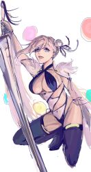 bikini_armor blonde_hair fate/grand_order fate_(series) female holding_sword looking_at_viewer miyamoto_musashi_(fate) miyamoto_musashi_(swimsuit_berserker) miyamoto_musashi_(swimsuit_berserker)_(third_ascension)_(fate) neon_(artist) open_mouth