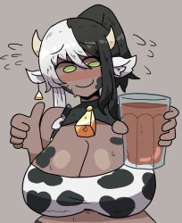 1girls animal_ears big_breasts choccy_milk chocolate_milk cleavage cow_girl cow_print cowbell dark-skinned_female horns implied_breast_milk milk_bottle milo_(drink) mom00ky multicolored_hair nestle notnoe_(dxcl) quieres? thumbs_up virtual_youtuber vtuber