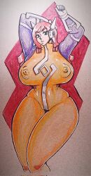 2d 2d_artwork blopkid eyes female full_body full_body_suit hard_nipples huge_breasts huge_nipples iridium_runners nipple_bulge nipples_visible_through_clothing one_girl open_eyes orange_suit pinup red_background red_hair solo solo_female suggestive suggestive_pose thick_thighs traditional_art traditional_media traditional_media_(artwork) wendy_(iridium_runners)