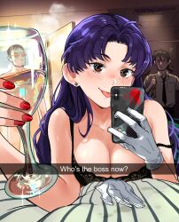 1girls 2023 2boys alcohol bed blush breasts brown_eyes cellphone cleavage cup female gendo_ikari gloves hi_res long_hair looking_at_viewer misato_katsuragi nail_polish neon_genesis_evangelion patreon_username phone purple_hair red_nails reflection ryoji_kaji selfie snapchat snegovski straight_hair text tongue tongue_out wine_glass