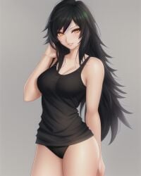 ai_generated amber_eyes aphmau aphmau_(youtuber) big_breasts black_hair black_panties black_tank_top hand_raised large_breasts lim3n_ai long_hair messy_hair orange_eyes panties perfect_body smile smiling smiling_at_viewer tank_top thick_thighs