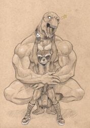 2boys beta_ray_bill boner erection flaccid guardians_of_the_galaxy male/male male_only marvel monochrome muscular nude penis rocket_raccoon thor_(series) tush uncut yaoi