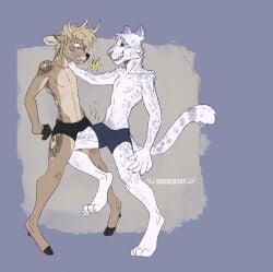 anthro anthro_on_anthro antlers artist_name ballbusting blonde_hair blue_eyes blue_markings brown_body bucklucky cheek_tuft clothed clothing cock_and_ball_torture deer duo erection erection_under_clothing facial_markings facial_tuft felid genital_torture grin hair head_markings hi_res horn leg_markings lucky_(bucklucky) male male/male mammal markings narrowed_eyes neck_tuft nipples simple_background smile standing tail tail_markings tan_antlers tan_body tuft