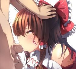 1boy 1girls balls bare_shoulders blowjob blush bow brown_eyes brown_hair cum cum_in_mouth deepthroat detached_sleeves ejaculation fellatio female from_side hair_tubes hairbow hand_on_another's_head head_grab heart highres japanese_text oral oral_sex penis red_bow reimu_hakurei tangusuten testicles touhou veins veiny_penis