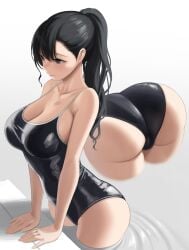 ass black_hair breasts cleavage kaminari_doon long_hair multiple_views one-piece_swimsuit original original_character ponytail swimsuit wavy_hair